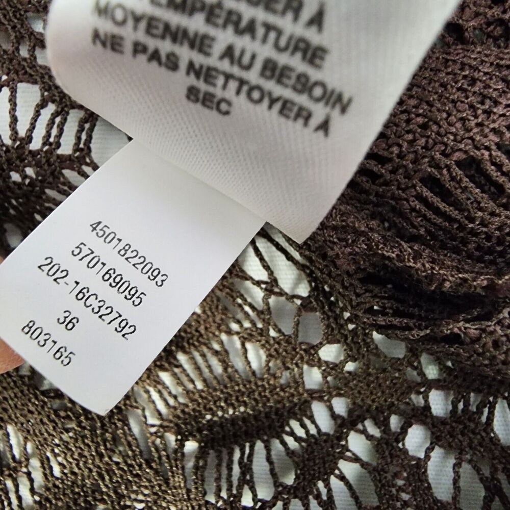 Chico's Womens Top Size 2 Large Brown Crochet Short Cap Sleeve Fringe Trim Sheer - Picture 11 of 11